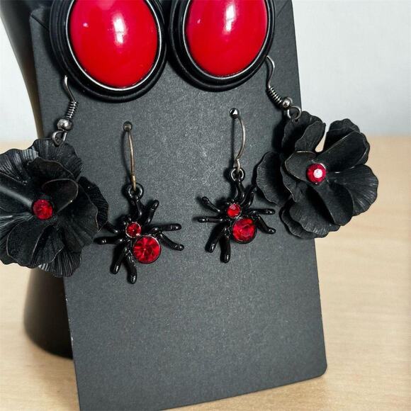 Black Widow Spider Flower Dangle Stud Earrings Set Red Gemstone Halloween Gothic - Picture 6 of 8